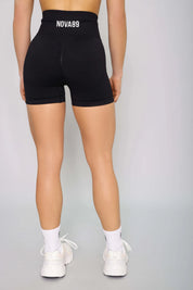 Black bum scrunch gym shorts – back view, scrunch bum design enhances curves and provides support.