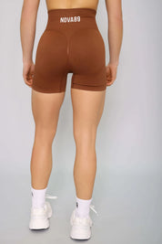 Brown seamless gym shorts – back view, soft, flexible, and ideal for workouts.