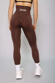 Brown high-waisted fitness leggings – back view, moisture-wicking and breathable