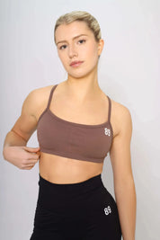 Brown sports bra with quick dry fabric, front view