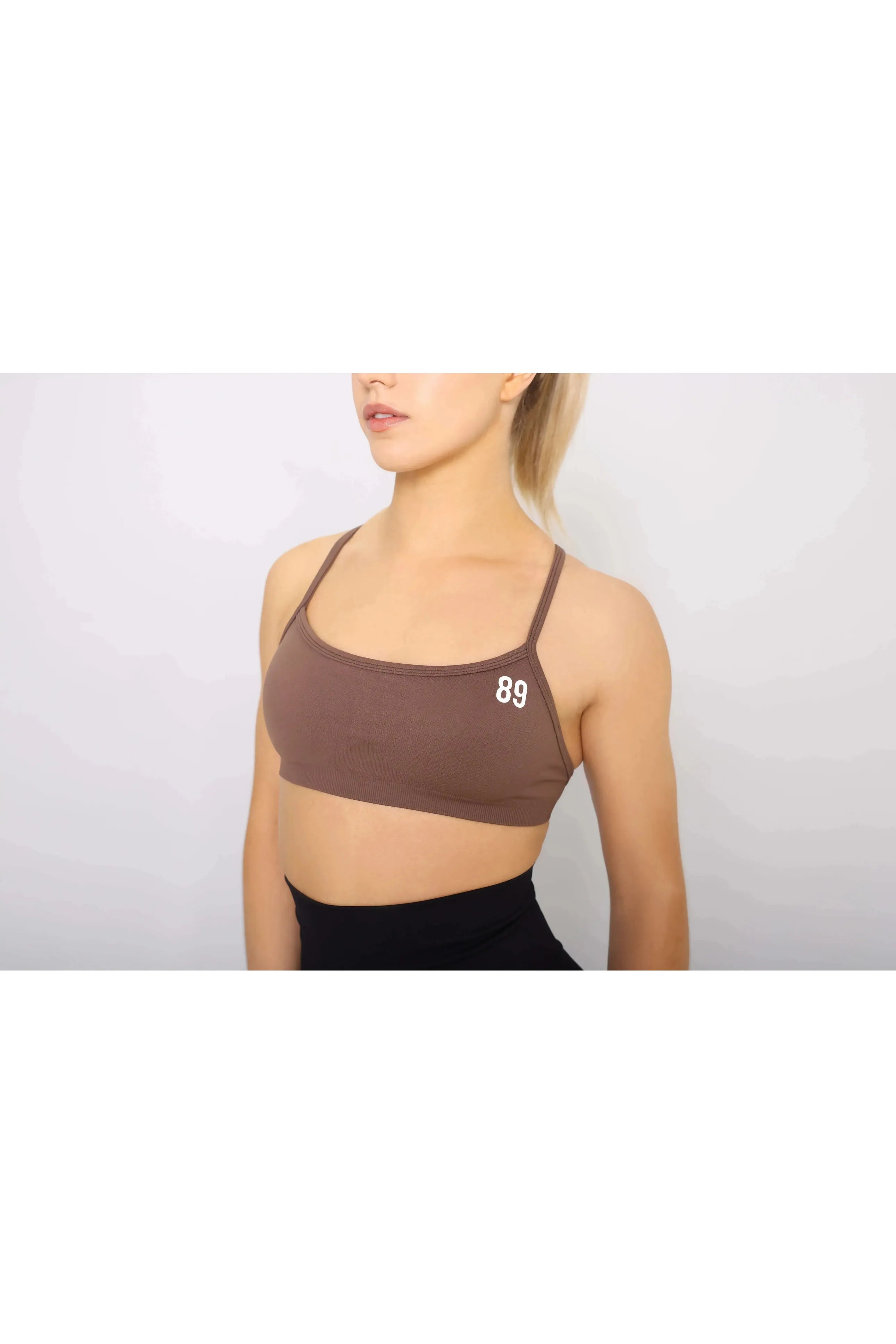 Brown sports bra, side view, quick dry and medium support