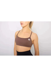 Brown sports bra, side view, quick dry and medium support