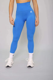 Electric blue squat-proof leggings – front view for gym workouts, seamless and breathable
