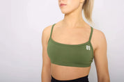 Olive Green sports bra, front view