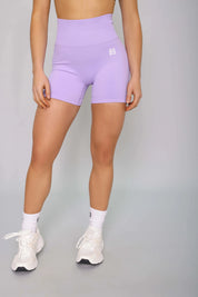 Lilac scrunch bum gym shorts – front view, stylish, squat-proof, and supportive.