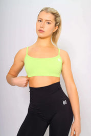 Lime sports bra, padded and adjustable, front view