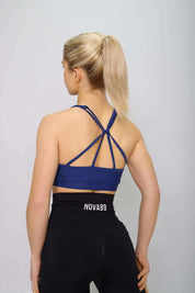 Navy blue lightweight sports bra, back view