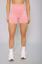 Pink scrunch gym shorts – front view, squat-proof and perfect for fitness training.