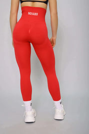 Scarlet red activewear leggings – back view, seamless and squat-proof for exercise