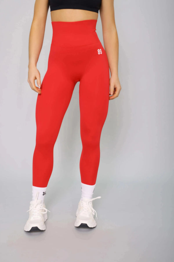 Scarlet red activewear leggings – front view, breathable and perfect for yoga and gym