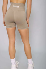 Taupe gym shorts, back view, seamless design, perfect for comfort and performance